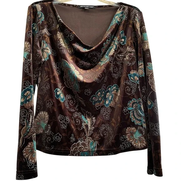 Briggs New York Petite PXL Chocolate Brown Teal Floral Velvet Cowl Neck Top - Picture 1 of 8